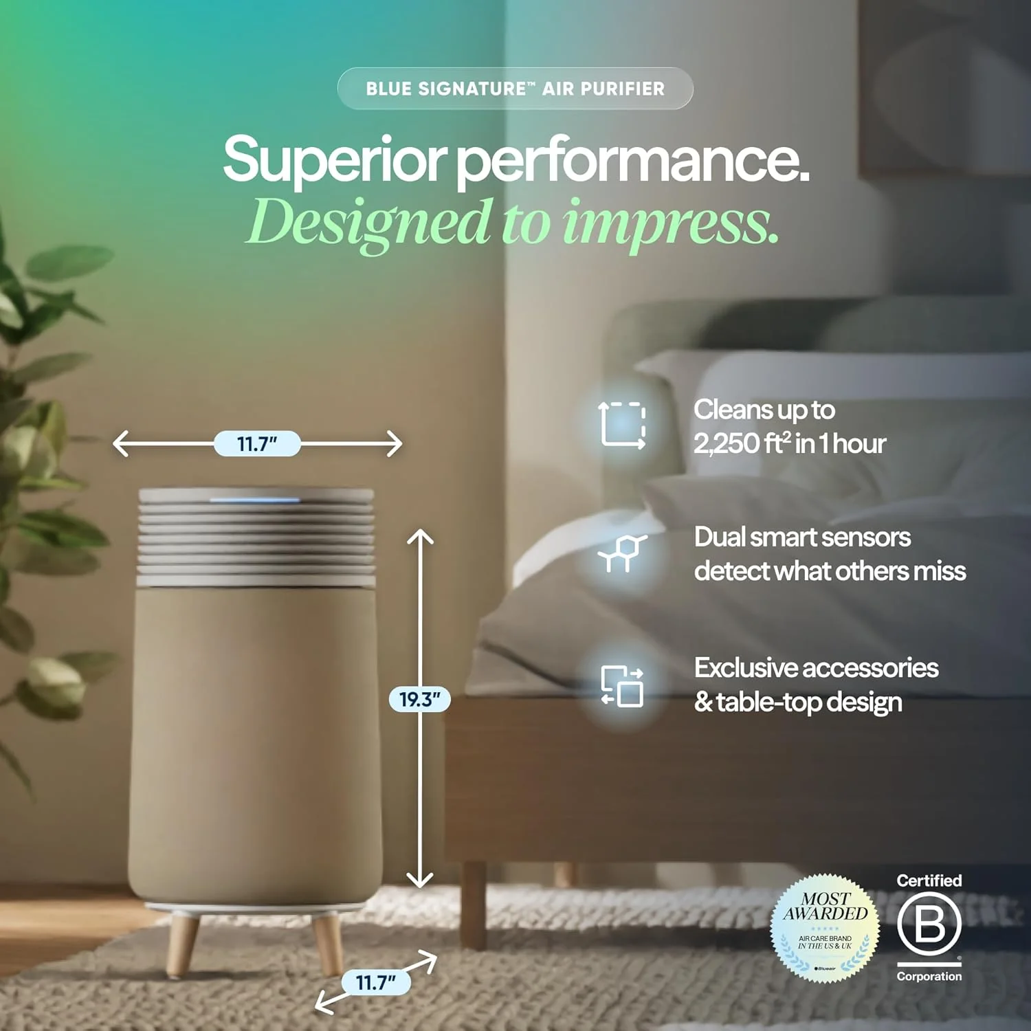 BLUEAIR Blue Signature SP3i Air Purifier for Medium Rooms up to 498 sq ft, HEPASilent Filtration, WiFi Smart Control, Auto Mode, Odor & Smoke Removal, Pet Hair & Dust, AHAM Verified, Table Design