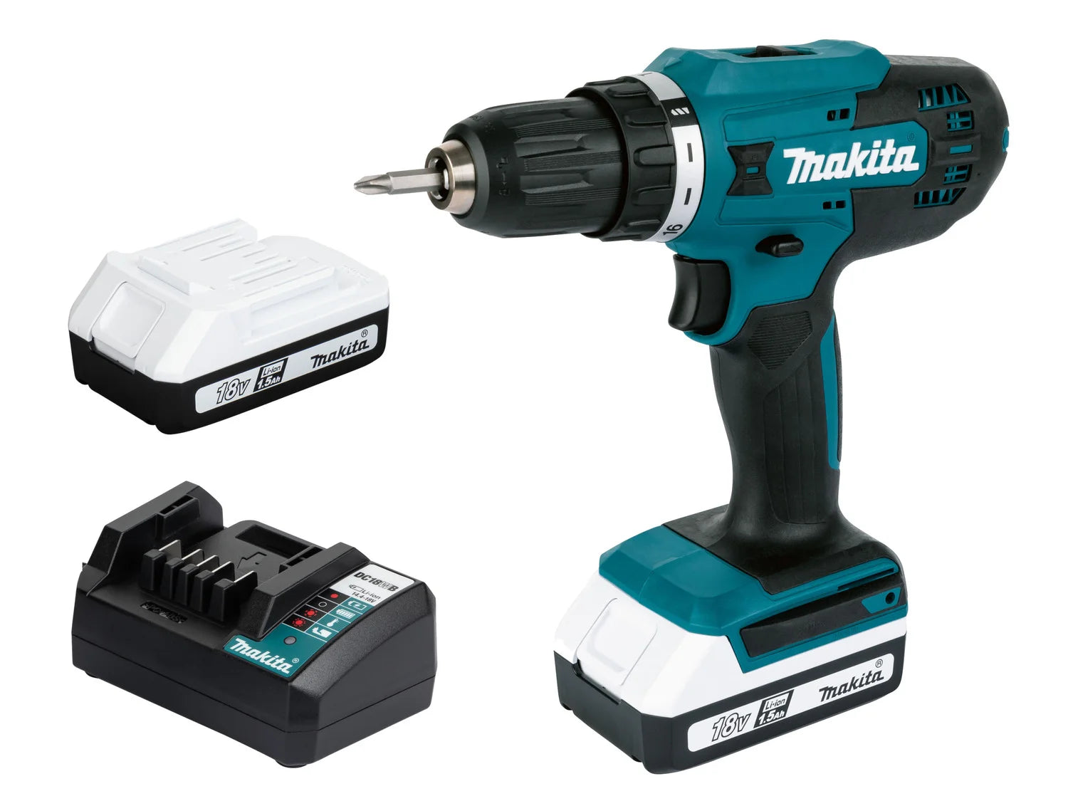 Makita 18 V cordless drill/driver set DF488D, with 2 batteries and charger
